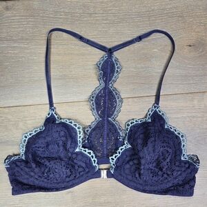 Free People Scalloped Lace Bralette  Navy Blue Slow Dance Underwire Bra 32b